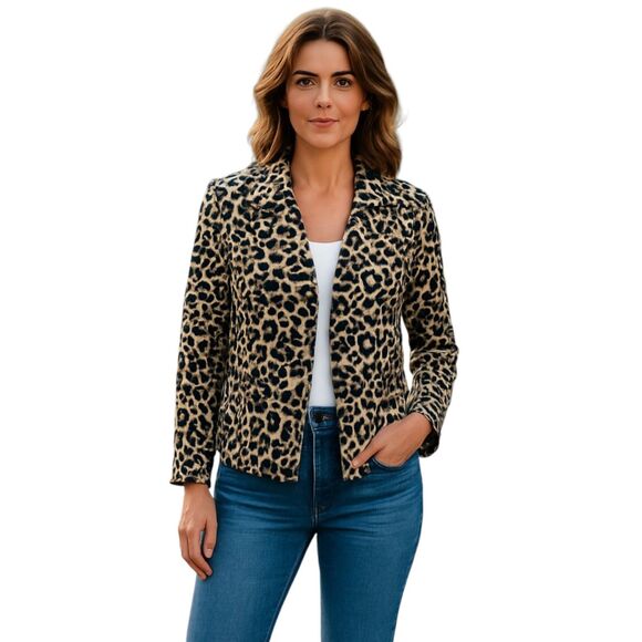 Chico’s Size 0 {X-Small} Black and Tan Cotton Blend Jacket Animal Print Lined - Picture 1 of 15